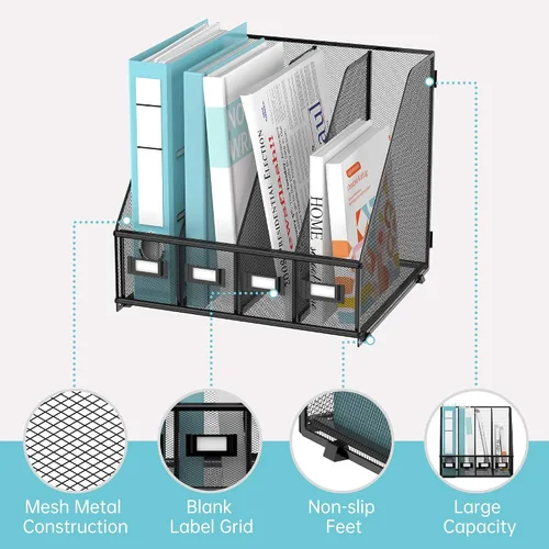 Vista 4 de SUPEASY Organizador de escritorio para revistas, soporte de carpetas de metal con 4 compartimentos de estante, organizador de archivos para oficina