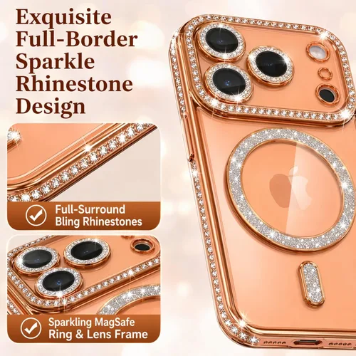 Vista 6 de Funda magnética con purpurina y diamante para iPhone 11 [Compatible con MagSafe] Protector de lente de cámara con brillo de strass, placa de cristal