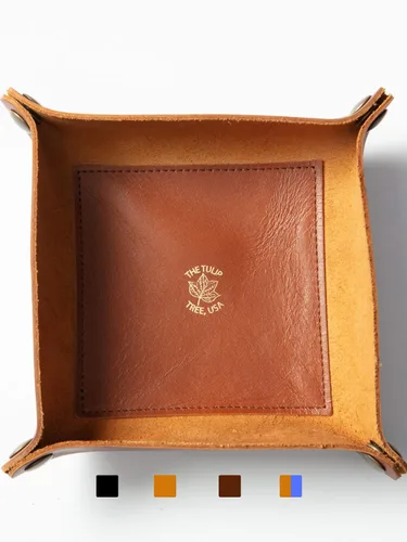 Vista 22 de Bandeja de valet de cuero de alta calidad hecha a mano de Estados Unidos, se pliega y organizador con broches de latón para llaves, joyas, monedas