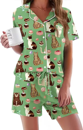 Vista 32 de Ekouaer - Conjunto de pijamas de manga corta para mujer, con botones, suave, 2 piezas, conjuntos de descanso, tallas XS-XXXL Verde Aqua