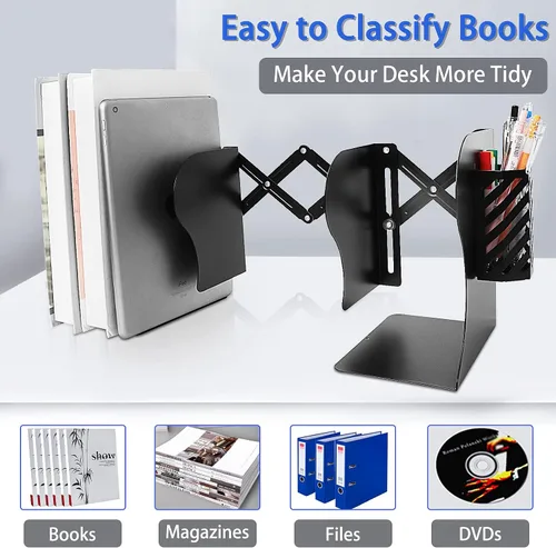 Vista 2 de Extremos de libros resistentes para sostener libros con soporte para bolígrafos, sujetalibros ajustables, extremos de metal para estantes, soportes