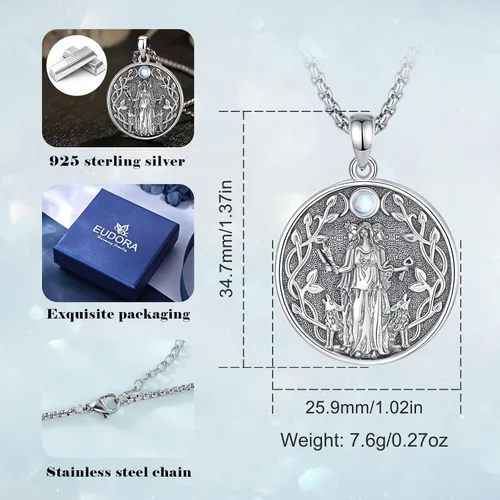 Vista 201 de EUDORA Collar de plata de ley 925 con moneda Hécate, Athena, Perséfono, Nyx, diosa de la luna triple, diosa celta, rueda de Hécate, llave, regalo