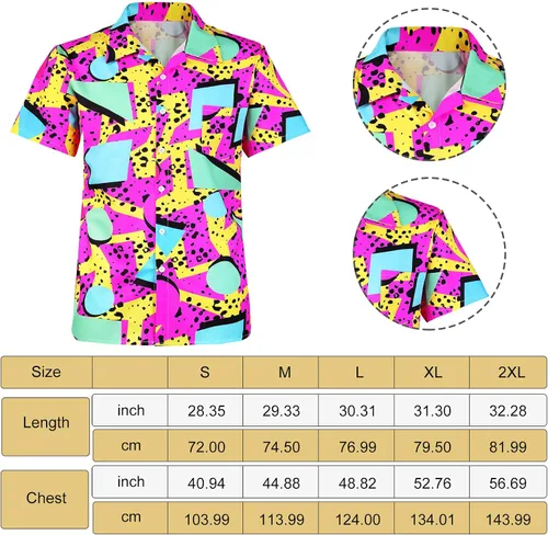 Vista 2 de Janmercy Juego de 5 piezas de disfraz hawaiano de los años 80 y 90 para hombre, camisa neón de los años 90, camisas de playa, trajes para verano