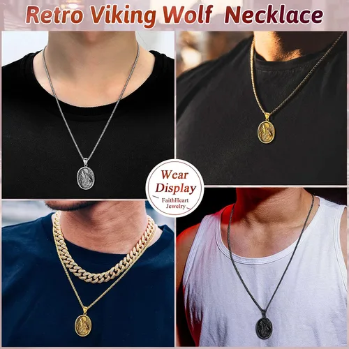 Vista 6 de FaithHeart Collar con colgante de lobo vikingo nórdico para hombres y mujeres, acero inoxidable, chapado en oro de 18 quilates, joyería con embalaje