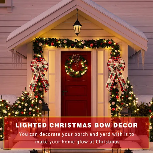 Vista 3 de Giegxin 2 Piezas Lazos Rojos Grandes Iluminados LED de 18 x 10 Pulgadas para Remate de Árbol de Navidad Lazo de Corona Pre Brillantina para Corona