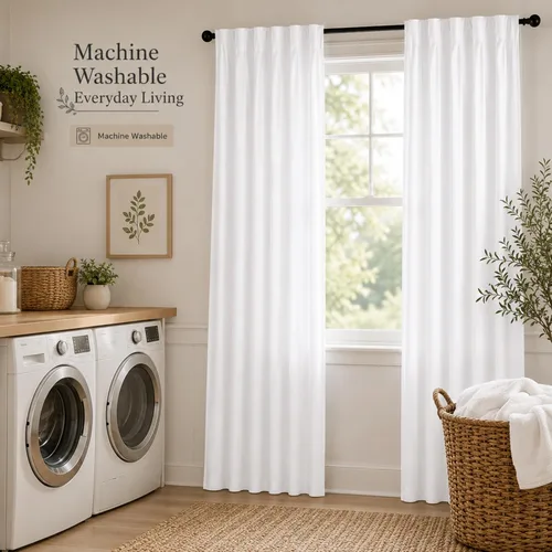 Vista 8 de HOMIDATE Paneles de Cortina de Algodón Blanco con Trabillas Superiores para Ventana de Baño, Juego de 2 de 50 x 84 pulgadas – Estilo Granja Moderno