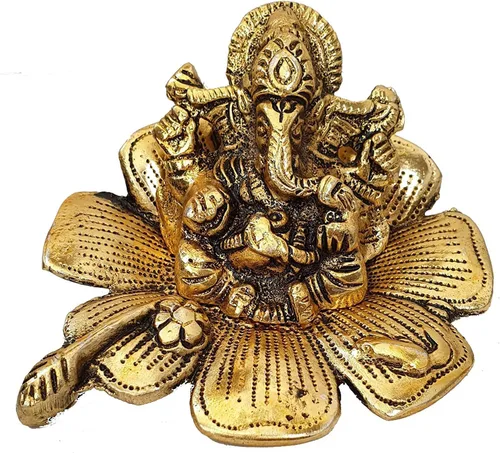 Vista 2 de Ganesha en la hoja hecha de metal – Estatua de ídolo de Ganesh figura tradicional para la oficina en casa, templo Puja, decoración Diwali regalo