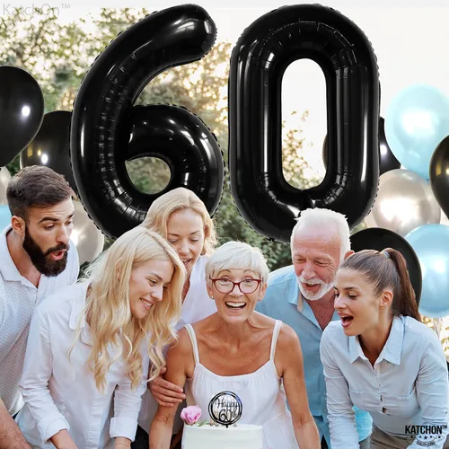 Vista 3 de KatchOn, Globos negros grandes del número 60, 40 pulgadas, globos de aluminio de 60 cumpleaños para decoraciones de cumpleaños, globo 60