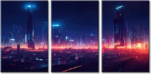 Vista 19 de Cuadros de 3 paneles de Cyberpunk City - Arte de pared de vallas publicitarias de edificios modernos en la capital con obras de arte modernas