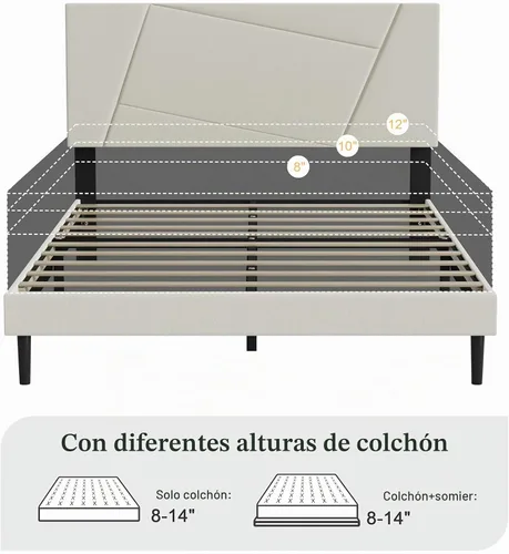 Vista 8 de IOILORI - Base de cama tamaño Full con cabecera tapizada en terciopelo de diseño geométrico, estructura robusta y listones de madera, silenciosa,