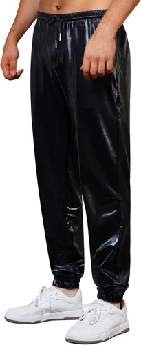 Vista 2 de WULFUL Pantalones deportivos metálicos para hombre, disfraz de discoteca de los años 70, con lentejuelas