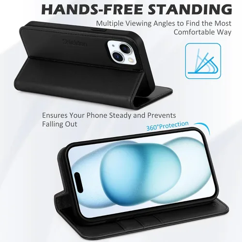 Vista 5 de SHIELDON Funda para iPhone 15 6.1" 2023, Funda Tipo Cartera de Cuero Genuino con [Soporte] [Tarjetero con Bloqueo RFID] [Magnética] Cubierta
