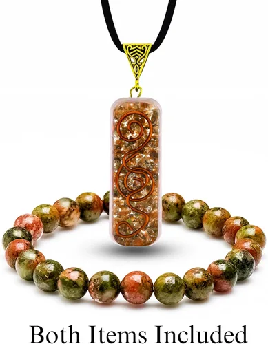 Vista 6 de Juego de collar de orgonita y pulsera de unakita. Colgante de cristal curativo natural para protección Joyas de piedra para hombres y mujeres