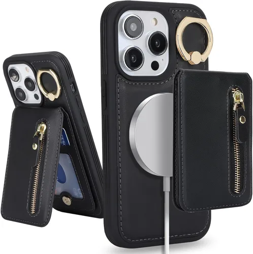 Vista 26 de para iPhone 14 Funda con soporte magnético Magsafe compatible, llavero de cuero PU plegable con soporte desmontable, funda tipo cartera 2-en-1