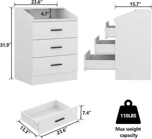 Vista 2 de Gyfimoie Cómoda de 3 cajones para dormitorio con toma de corriente, cómoda blanca con luz LED, cómodas modernas con cubículo de almacenamiento