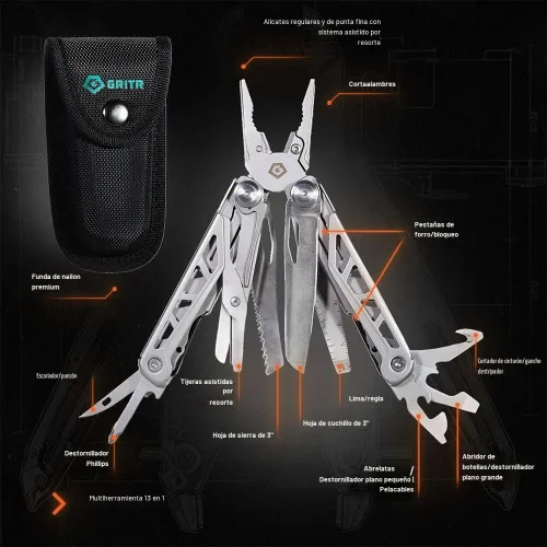 Vista 2 de GRITR Multiherramienta EDC de acero inoxidable 13 en 1
