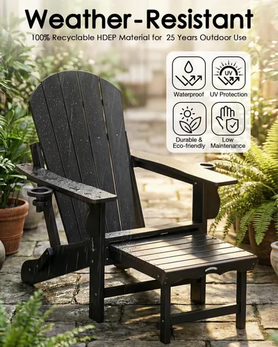Vista 8 de Silla Adirondack plegable con reposapiés extraíble para patio al Negro