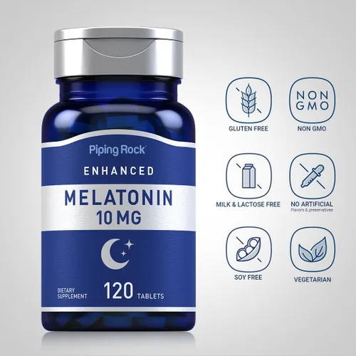 Vista 3 de Piping Rock Melatonina 10mg 120 tabletas con L-teanina Suplemento para dormir para adultos Fórmula extra fuerte Vegetariano, sin OMG, sin