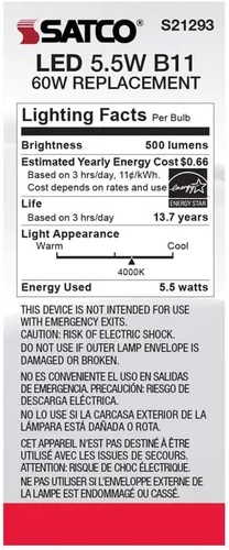 Vista 6 de Satco 6Pk 5.5w B11 LED 4000K base media esmerilada regulable - 60w equiv