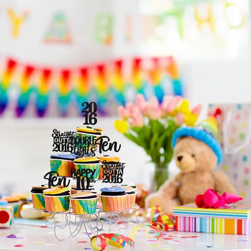 Vista 3 de 30 piezas negras para cupcakes de 10.º cumpleaños con purpurina Ten Happy 10 Straight Outta 2016 para saludos a 10 años 10 cumpleaños, boda Negro