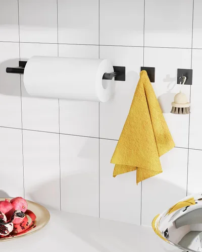 Vista 4 de Toallero de papel para debajo del gabinete, autoadhesivo o montado en la pared, soporte para toallas de papel de acero inoxidable SUS304 para Negro