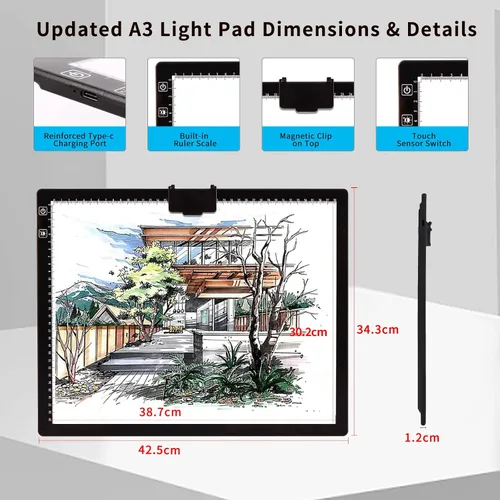 Vista 5 de iVAOOZE - Caja de luz A3, almohadilla de luz LED A3 con modo de 3 colores, regulable y 6 niveles de brillo, almohadilla de luz LED recargable