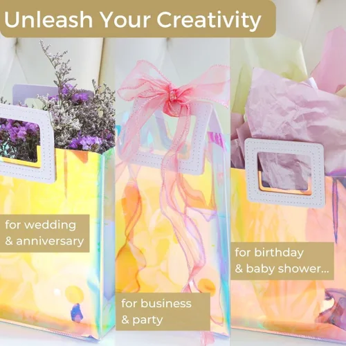 Vista 4 de VUOJUR 2 bolsas de regalo holográficas pequeñas de 8.3 pulgadas con papel de seda - orquídea