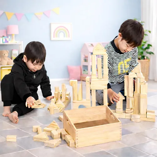 Vista 7 de Bloques de construcción estándar para niños pequeños con bandeja de almacenamiento (64 piezas) bloques de madera lijada para niños, aprendizaje