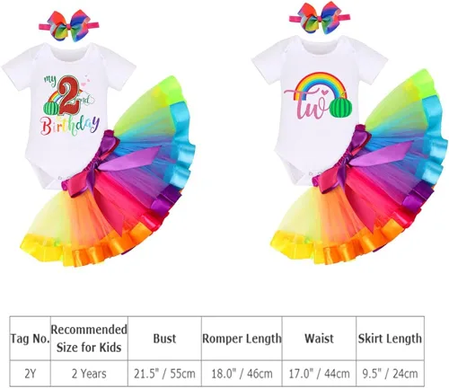 Vista 6 de IBAKOM Conjunto de ropa de 3 piezas para bebé niña de manga corta + tutú de tul de princesa arcoíris + diadema con lazo, 3 piezas