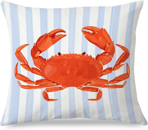 Vista 8 de Fundas de almohada costeras de langosta, fundas de almohada náuticas de langosta roja de Nueva Inglaterra con rayas azules y blancas para casa