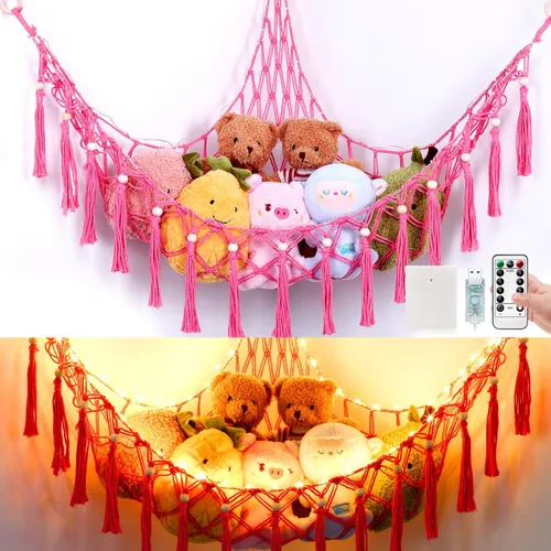 Vista 8 de Hamaca de animales de peluche con 75 LED, hamaca de macramé de almacenamiento de juguetes extragrande de 55 pulgadas, red de juguetes colgante