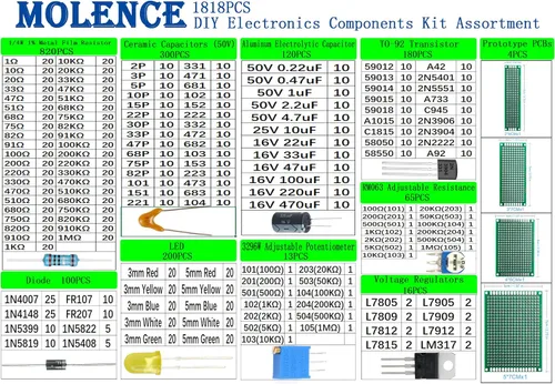 Vista 2 de Surtido de kit de componentes electrónicos DIY, resistencias 1818PCS, LED, triodo, condensadores, diodos, PCB, potenciómetro, resistencia variable