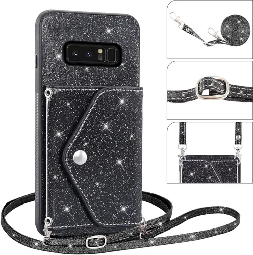 Vista 5 de Asuwish Funda de teléfono para Samsung Galaxy Note 8 con protector de pantalla de vidrio templado y correa cruzada, cordón para tarjeta de crédito
