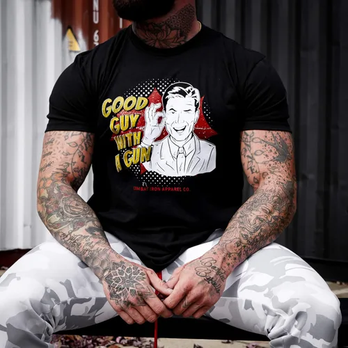 Vista 3 de Combat Iron Good Guy with a Gun - Camiseta con gráfico de cómic dibujado a mano para hombre