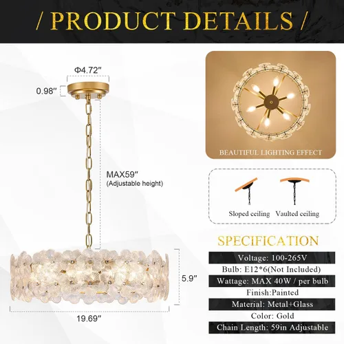 Vista 3 de Moderno candelabro de cristal transparente de flores de 20 pulgadas, elegante, 6 luces, lámpara dorada de lujo para sala de estar, comedor, cocina