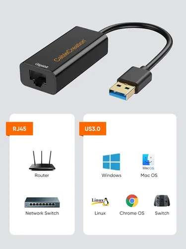 Vista 5 de Adaptador USB a Ethernet, CableCreation USB 3.0 a 10/100/1000 Gigabit Adaptador de red LAN con cable compatible con Nintendo Switch, Windows