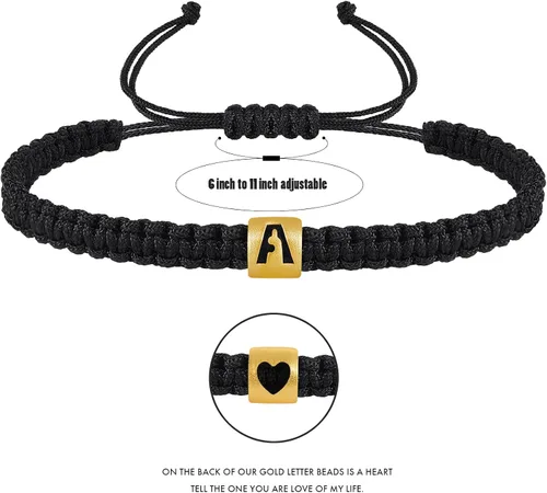 Vista 2 de VIBILIA Initial Bracelets for Women Men Teen Boys Girls Woven Rope Braided Letter Bracelet Gold 26 Alphabet Handmade Adjustable Black String