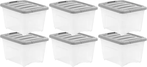 Vista 10 de Amazon Basics Contenedores de almacenamiento de plástico con tapas de cierre seguro, cubos organizadores apilables, transparente/gris, 5 cuartos
