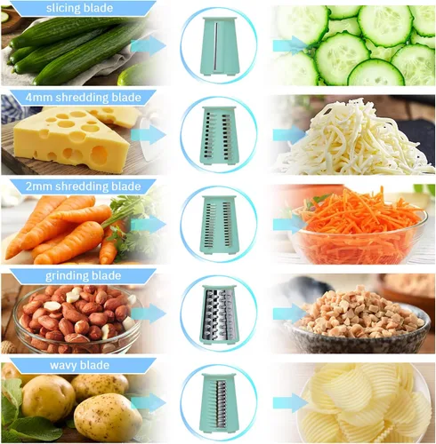 Vista 5 de ENERGEVITY Rallador de queso giratorio manual con asa, triturador de queso de cuchillas inoxidables reemplazables 5 en 1, base de succión fuerte