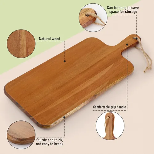Vista 2 de Paquete de 6 tablas de cortar de madera de acacia con asa, tablas de cortar de madera grandes de madera para charcutería, tabla de cortar de madera