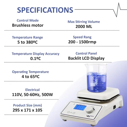 Vista 2 de Parco Scientific P1007-HS-T - Agitador magnético de placa calefactora digital con sonda de temperatura y soporte Rango de temperatura de 716.0 °F