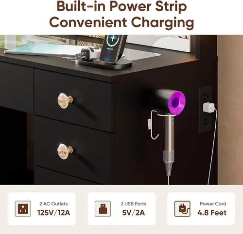 Vista 6 de DINGIPP Tocador de 42.1 pulgadas con espejo grande y 10 luces LED, escritorio de tocador con tope de cristal, 11 cajones con asas de cristal