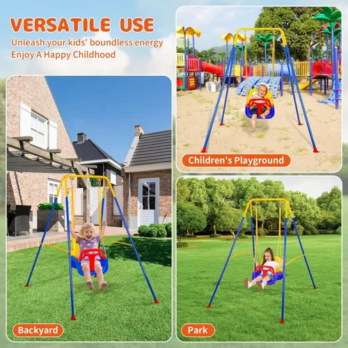 Vista 7 de Juego de columpios 3 en 1 para niños pequeños, juego de columpios para bebés con soporte plegable de metal para jugar al aire libre/interior, diseño