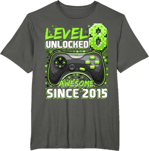 Vista 5 de Level 8 Unlocked Awesome 2015 Video Game 8th Birthday Boy T-Shirt, Negro