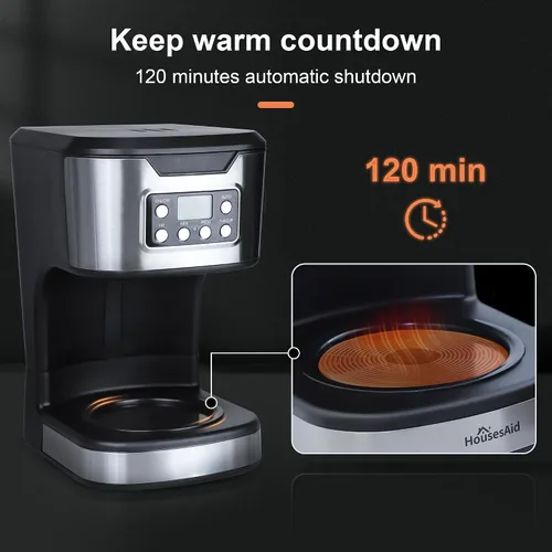 Vista 2 de Cafetera programable de 12 tazas, máquina de café de preparación y goteo, totalmente automática, ajuste de 1-4 tazas, de acero inoxidable, función