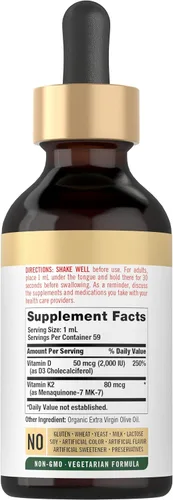 Vista 2 de Carlyle Gotas de vitamina D3 K2 2 onzas líquidas Suplemento MK-7 Fórmula vegetariana, sin OMG, sin gluten y sin soja