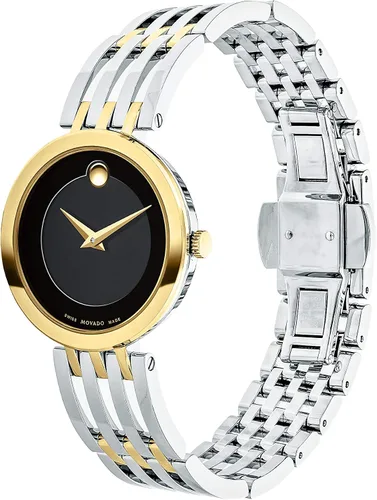 Vista 3 de Movado Reloj Esperanza de 2 tonos para mujer con esfera de museo de punto cóncavo, plataoronegro (modelo 607053), PlateadoDoradoNegro, Movimiento