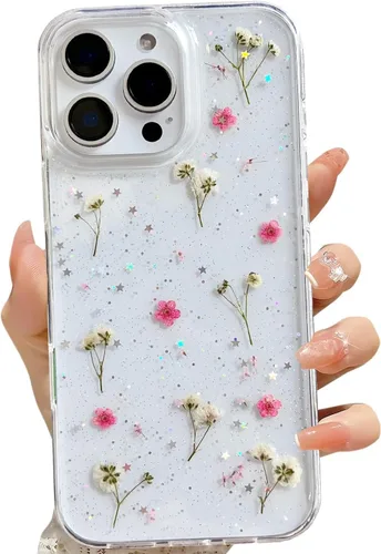 Vista 35 de LSEEKA Funda transparente para iPhone 11 con diseño de flores prensadas reales, linda y brillante, patrón floral rosa, funda protectora delgada