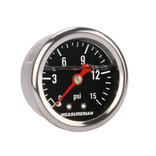 Vista 18 de MEASUREMAN - Manómetro, 0 a 15 psi, relleno glicerina, esfera 1.5 pulgadas, caja acero inoxidable 304, montaje central posterior 1/8 NPT, adaptador