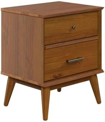 Vista 5 de Mesita de noche Mid-Century con dos cajones, fabricada con madera maciza, acabado castañón Castañho